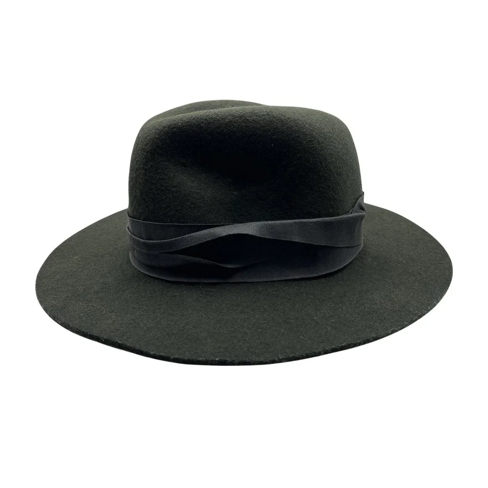 Vtg Forest Green 100% Wool Wide Brim Fedora Hat Ribbon Band Indie Dark Academia